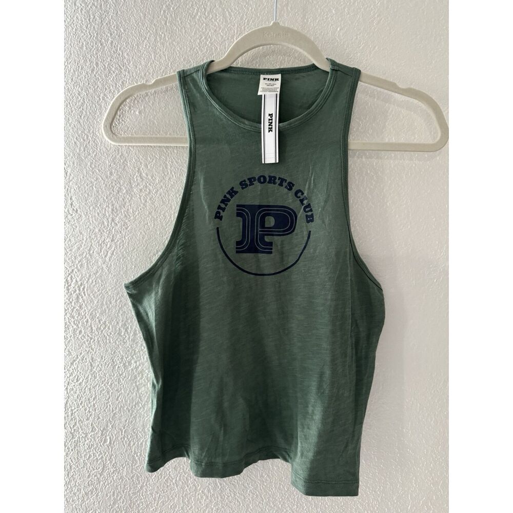 PINK COTTON CROPPED RACERBACK TANK TOP size XS in green - Picture 3 of 8